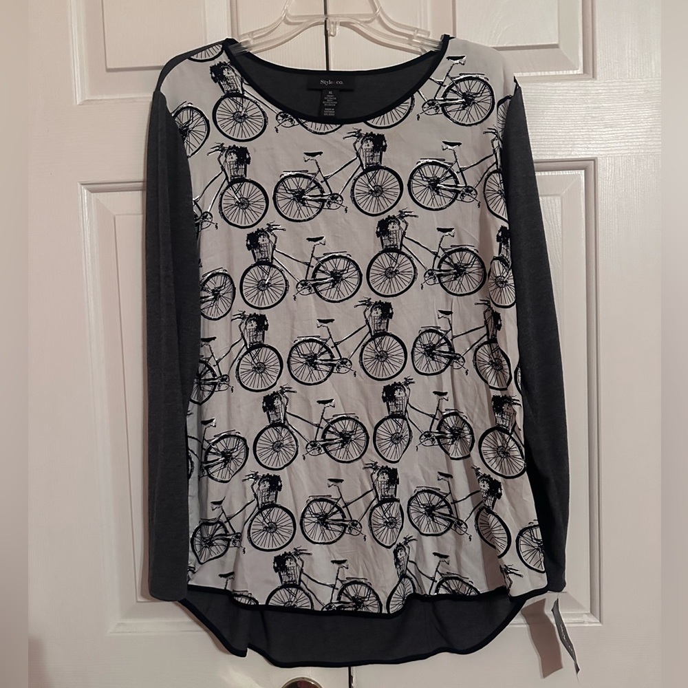 Style & Co. Bicycle Ride Print Long Sleeved Top Gray Grey White Black NWT XL
